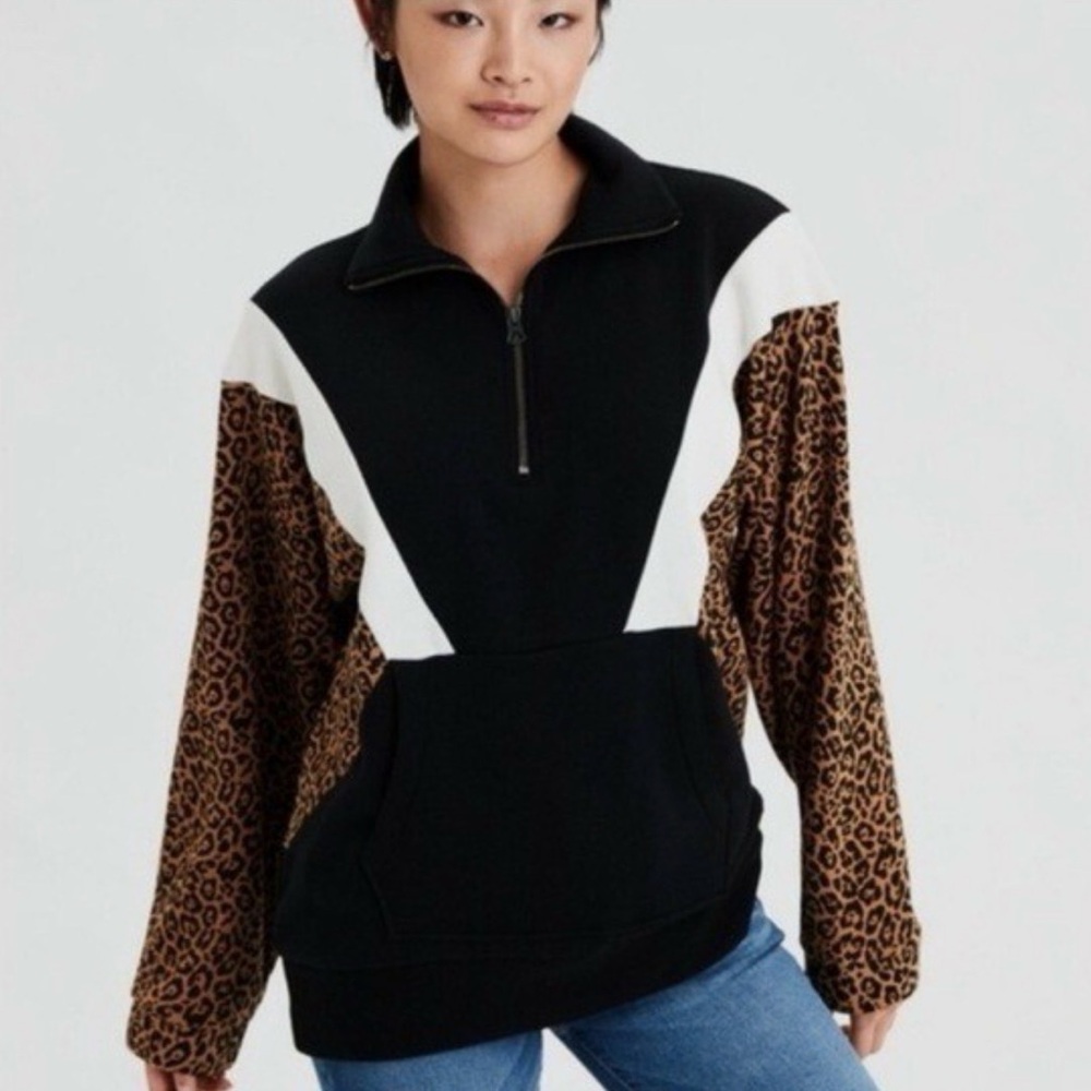 American Eagle Outfitters Black and White Sweatshirt with Leopard Print Sleeves